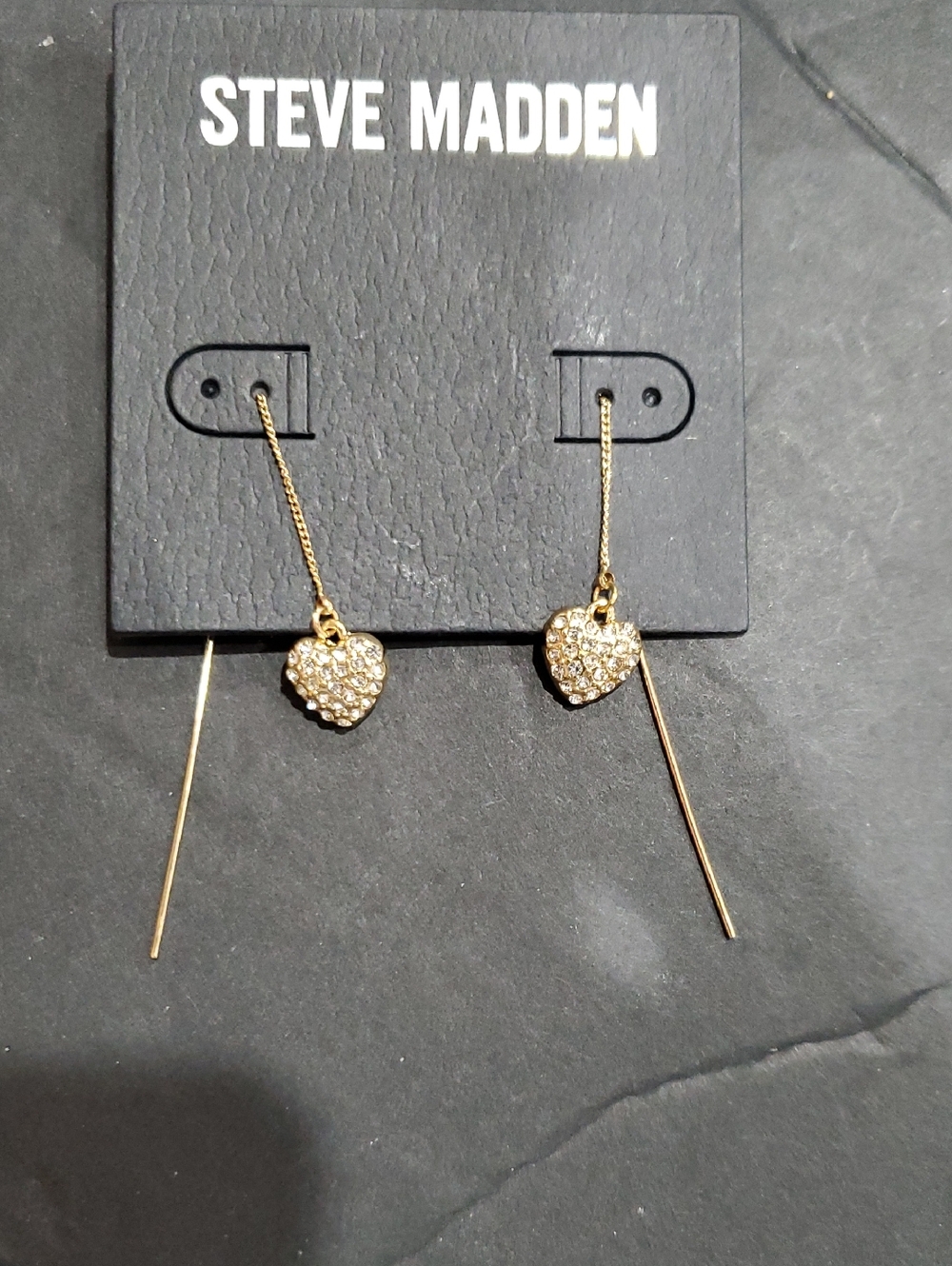 Steve Madden gold-tone rhinestone studded pave heart threader earrings brand new